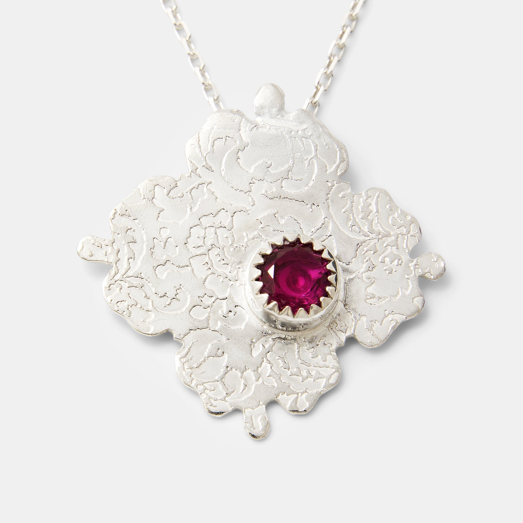 Damask Etched Silver Pendant Necklace with Ruby - Simone Walsh Jewellery Australia