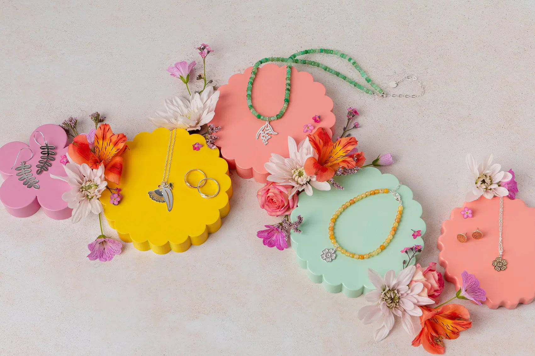 Australian Flora Jewellery on a Brightly Coloured Background
