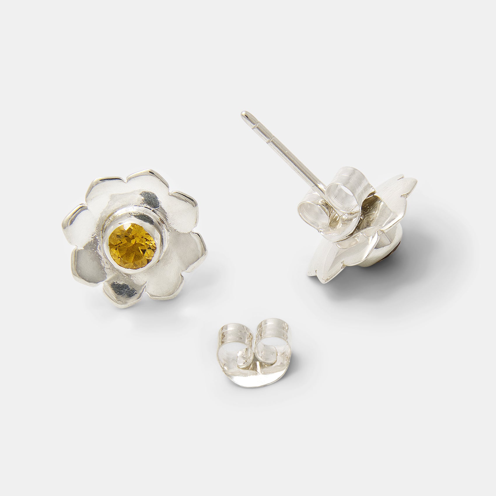 Mandala Flower Silver Stud Earrings with Golden Topaz