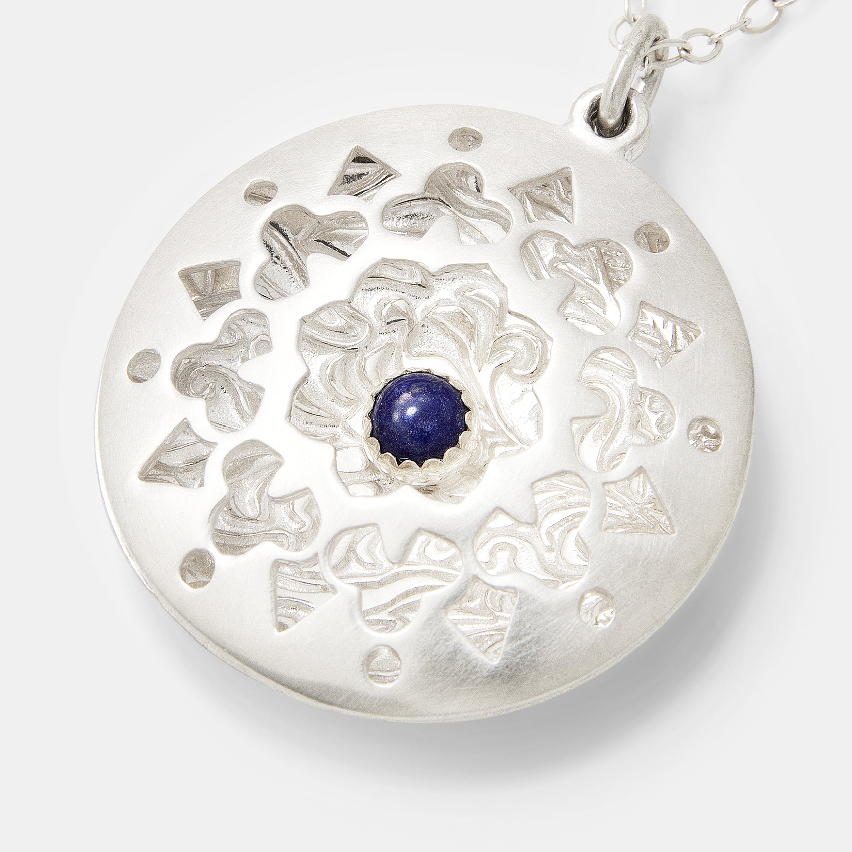 Mandala Silver Open Locket Necklace with Lapis Lazuli
