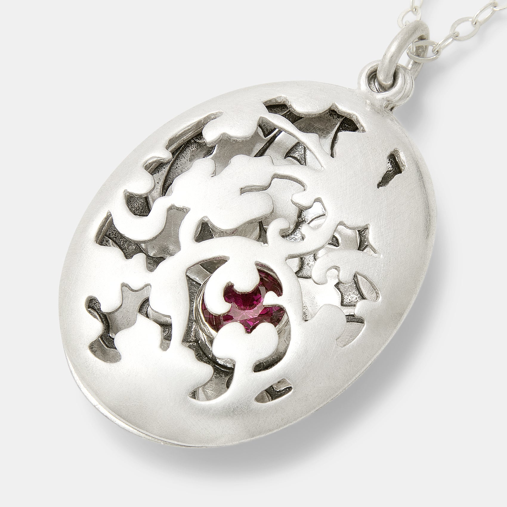 Victorian Silver Open Locket Necklace with Ruby Gem