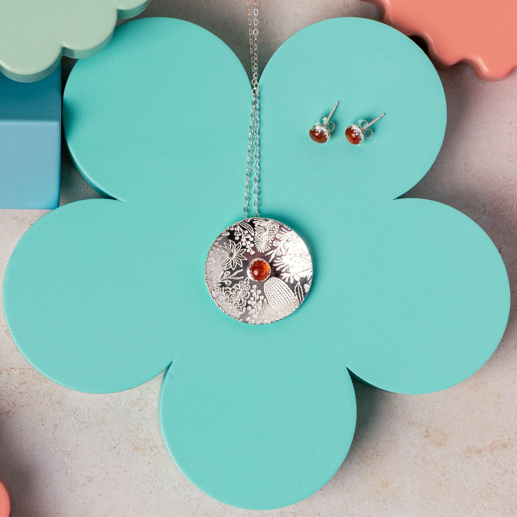 Australian Flora Pattern & Sunstone Necklace - Simone Walsh Jewellery Australia