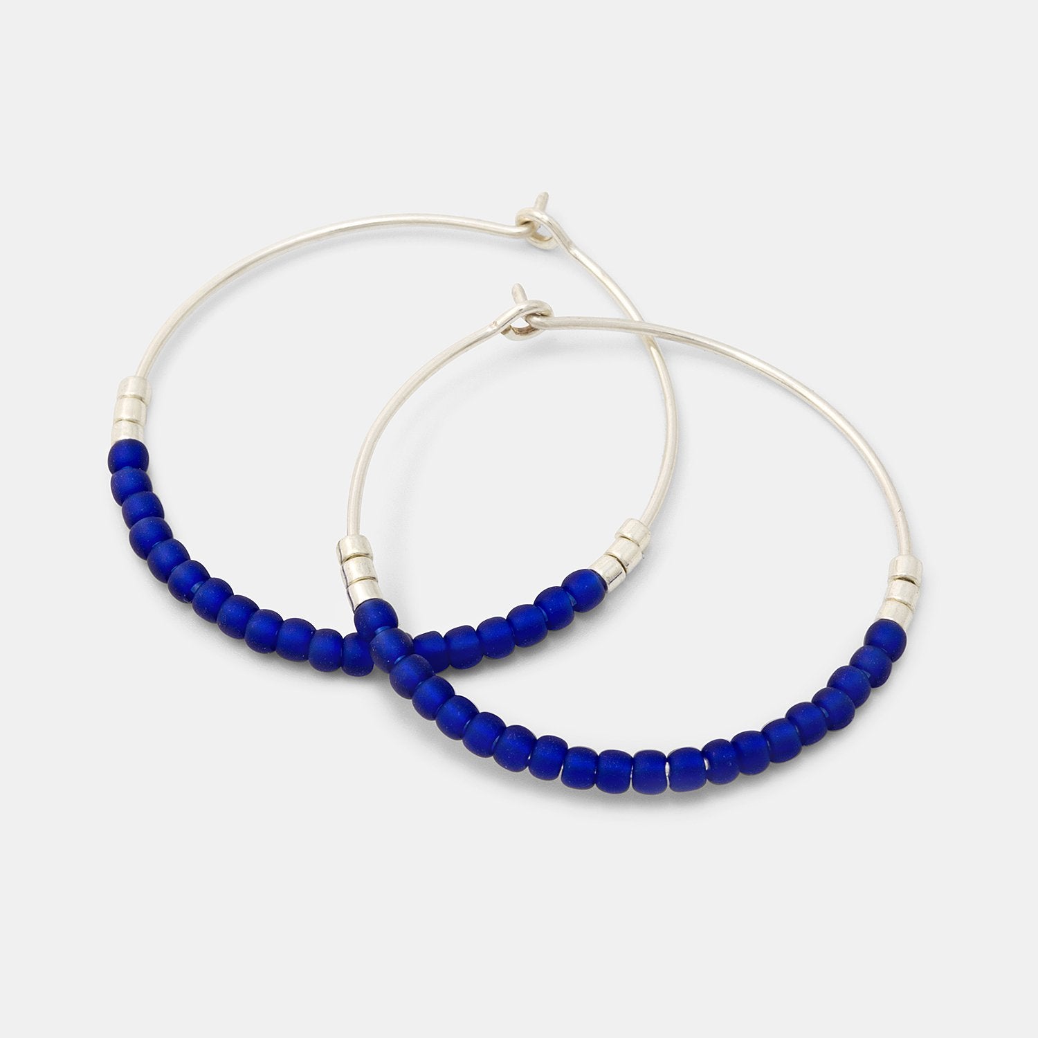 Blue Silver Beaded Hoop Earrings Sterling Silver Earrings