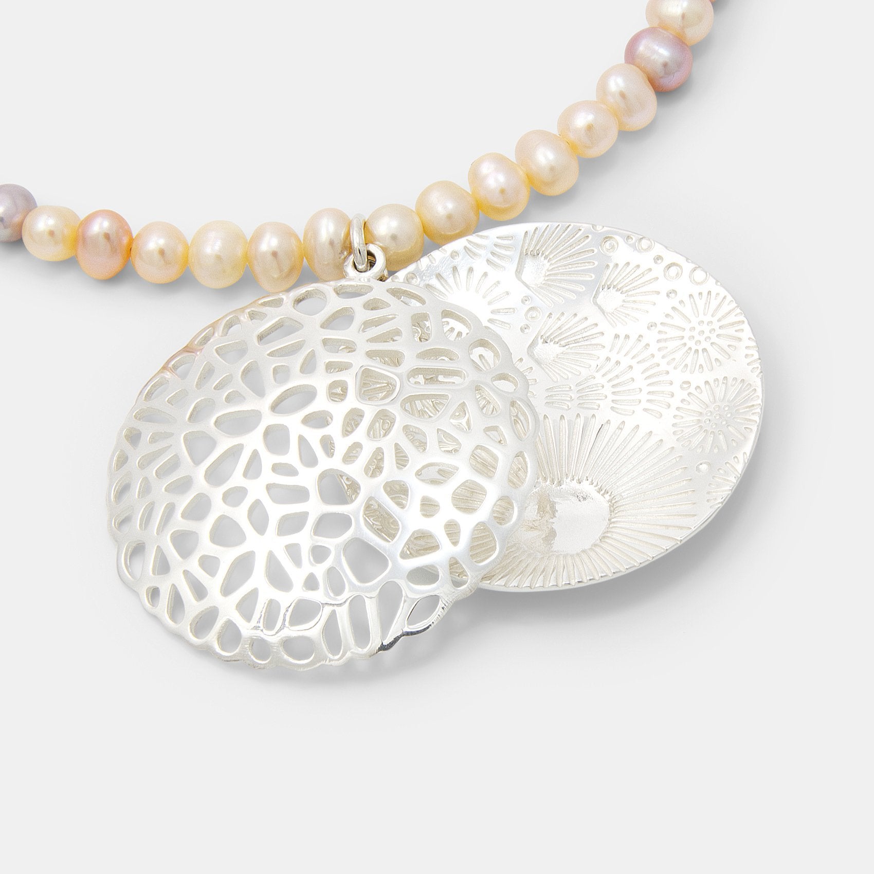 Coral reef open locket on peach pearl necklace - Simone Walsh Jewellery Australia