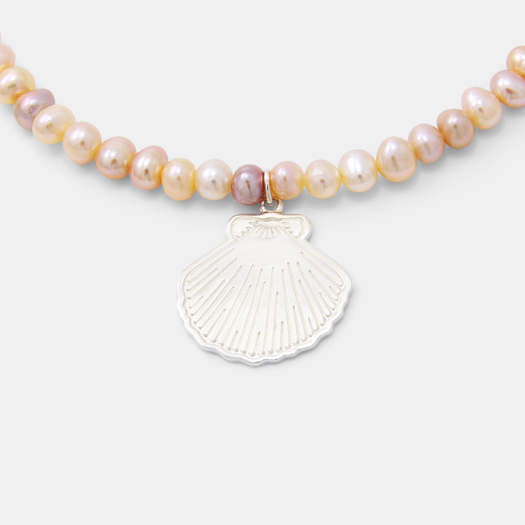 Fan shell pendant on peach pearl necklace - Simone Walsh Jewellery Australia