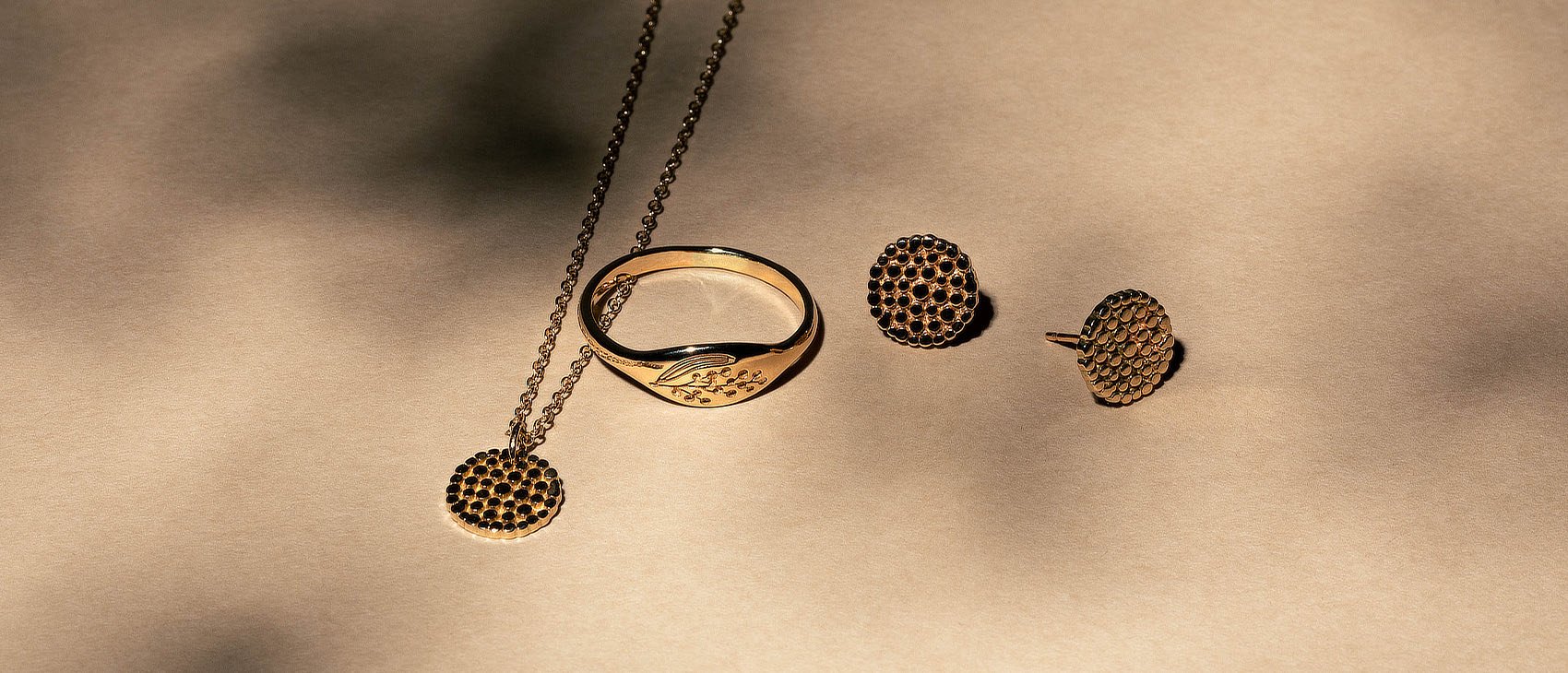 Solid gold Australian jewellery: earrings, ring and pendant