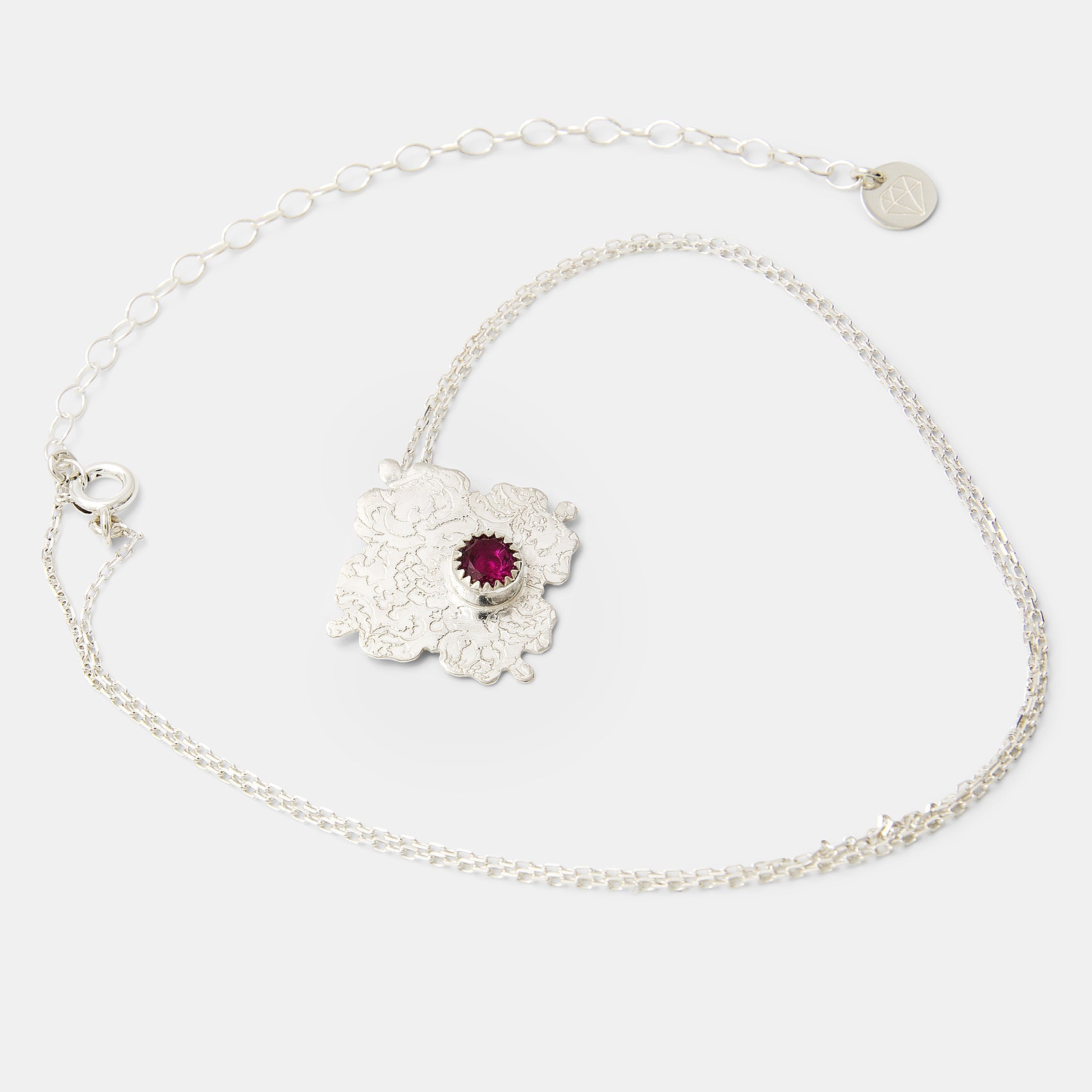 Damask Etched Silver Pendant Necklace with Ruby - Simone Walsh Jewellery Australia