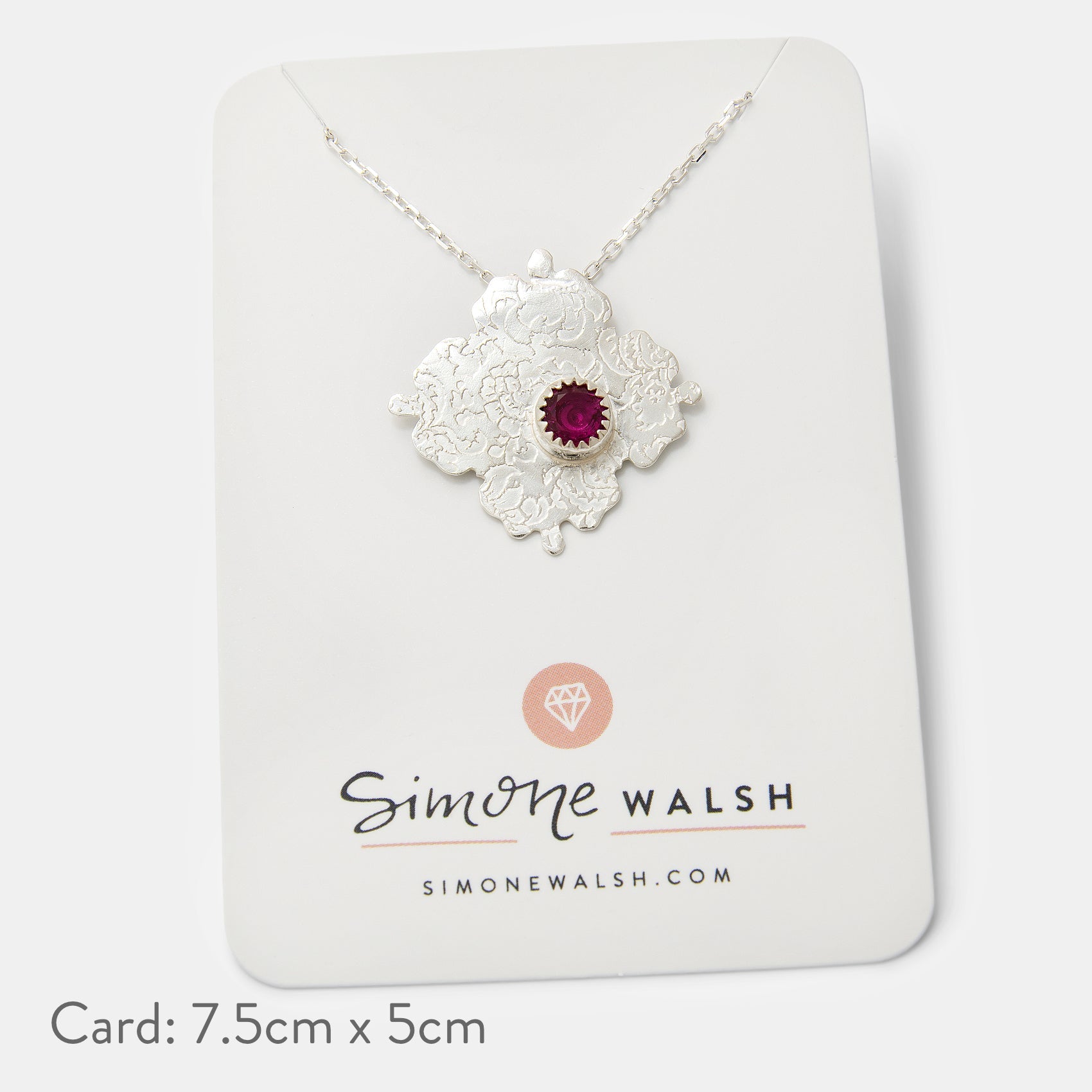Damask Etched Silver Pendant Necklace with Ruby - Simone Walsh Jewellery Australia
