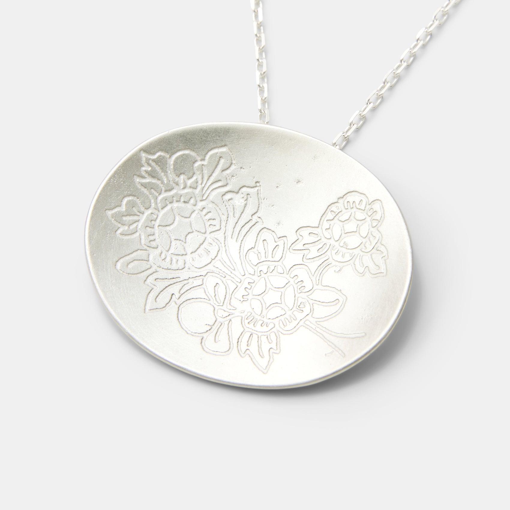 Rose Bouquet Etched Sterling Silver Pendant Necklace