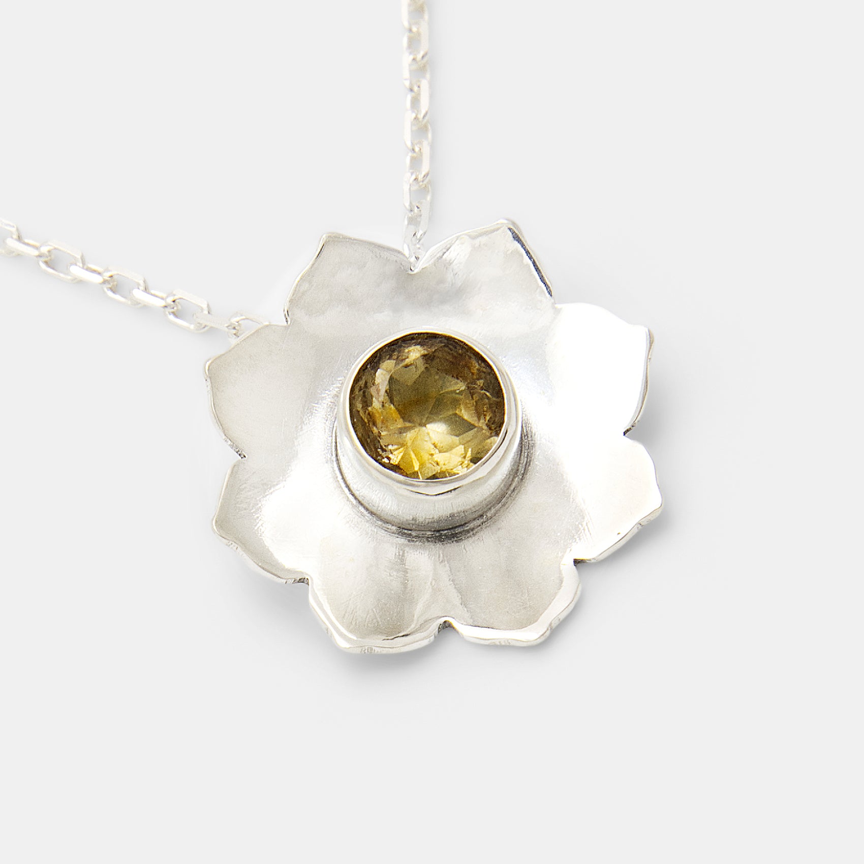 Mandala Flower Silver Pendant Necklace with Citrine