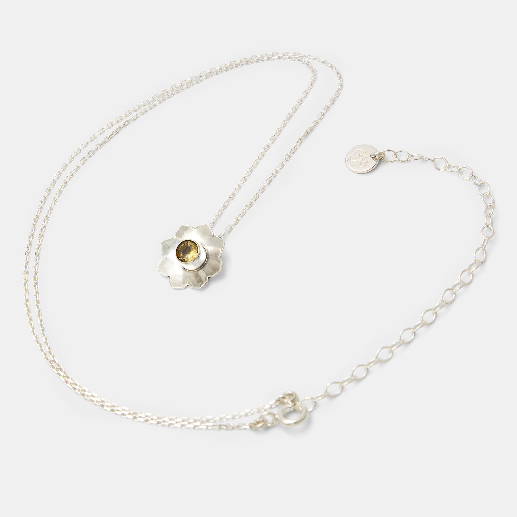 Mandala Flower Silver Pendant Necklace with Citrine