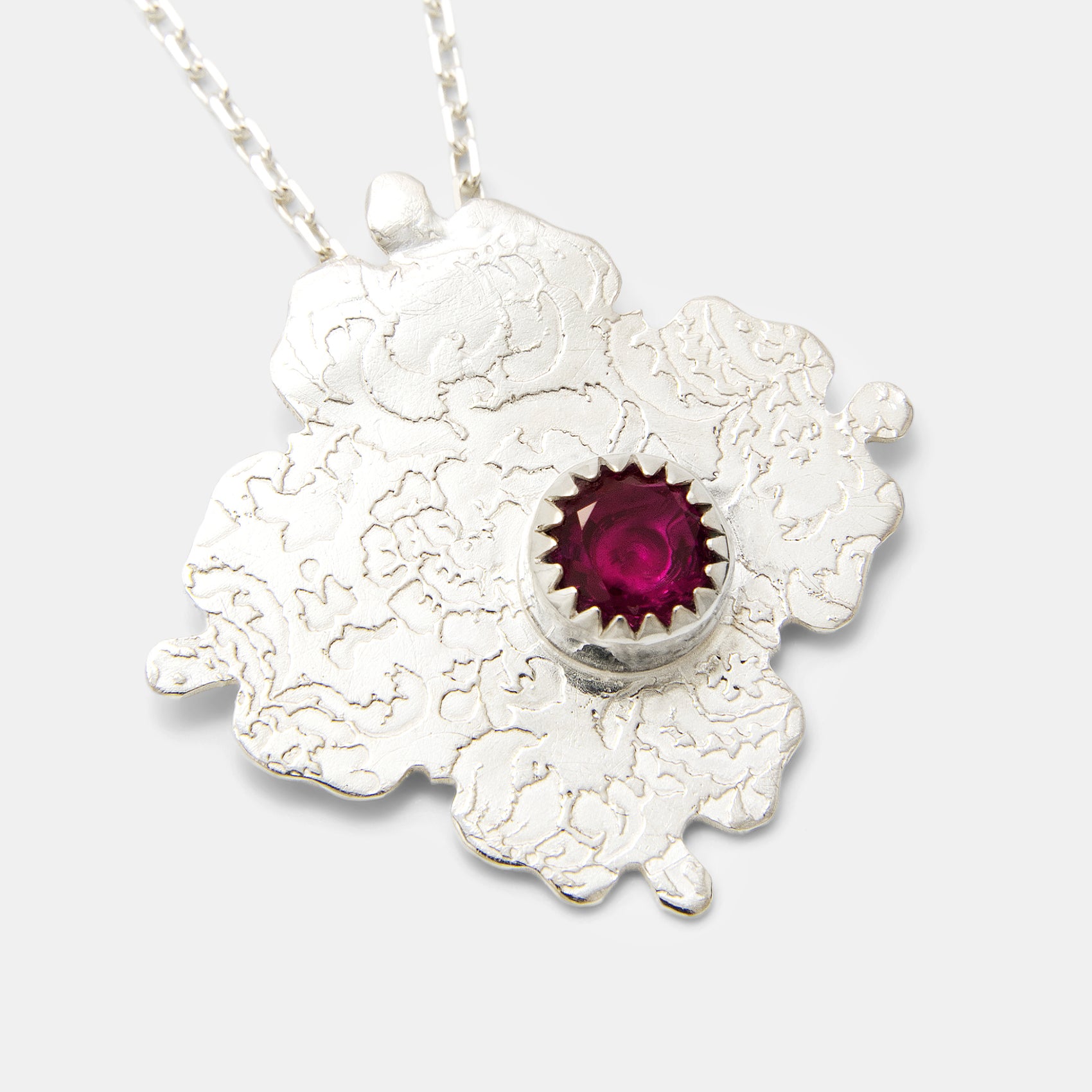 Damask Etched Silver Pendant Necklace with Ruby