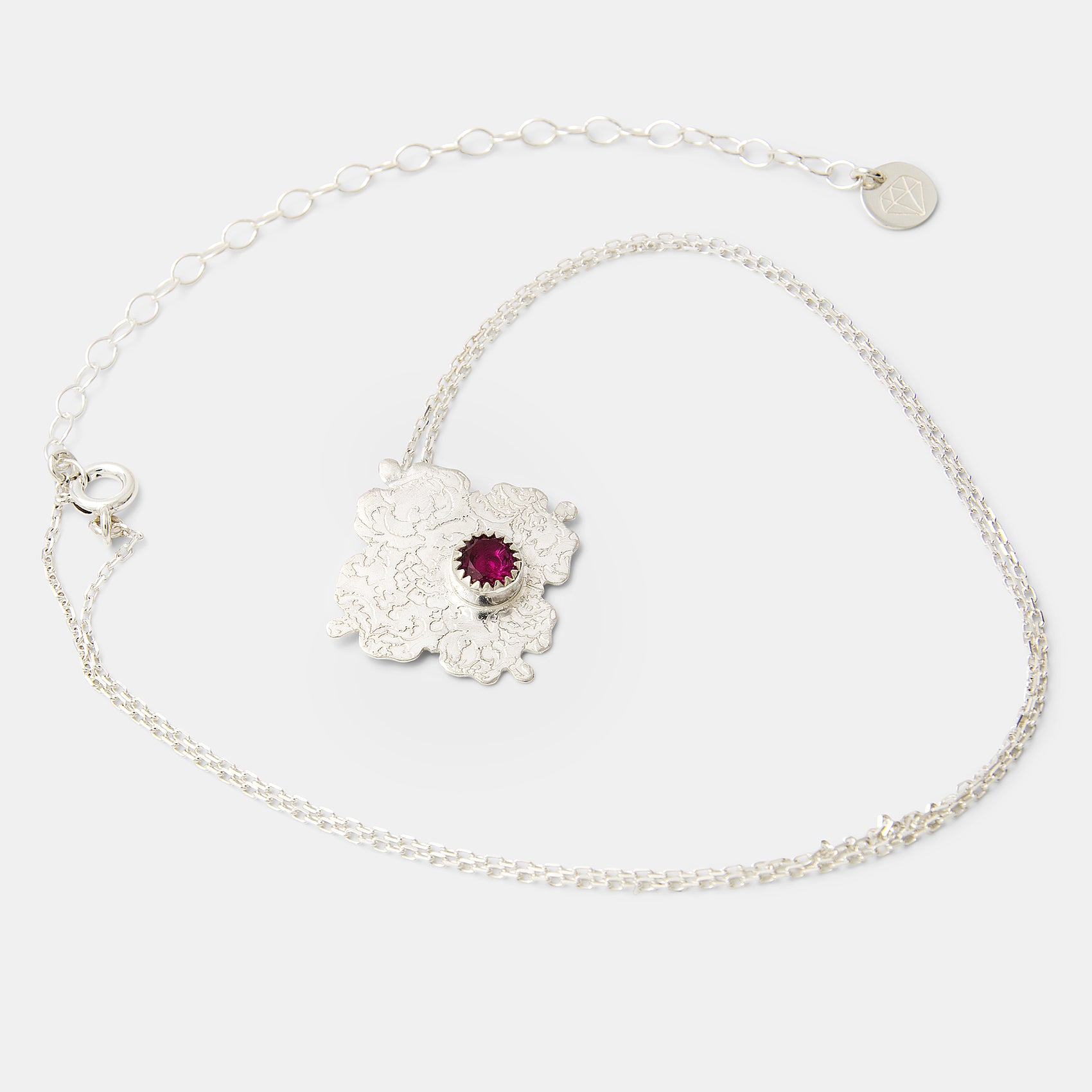 Damask Etched Silver Pendant Necklace with Ruby