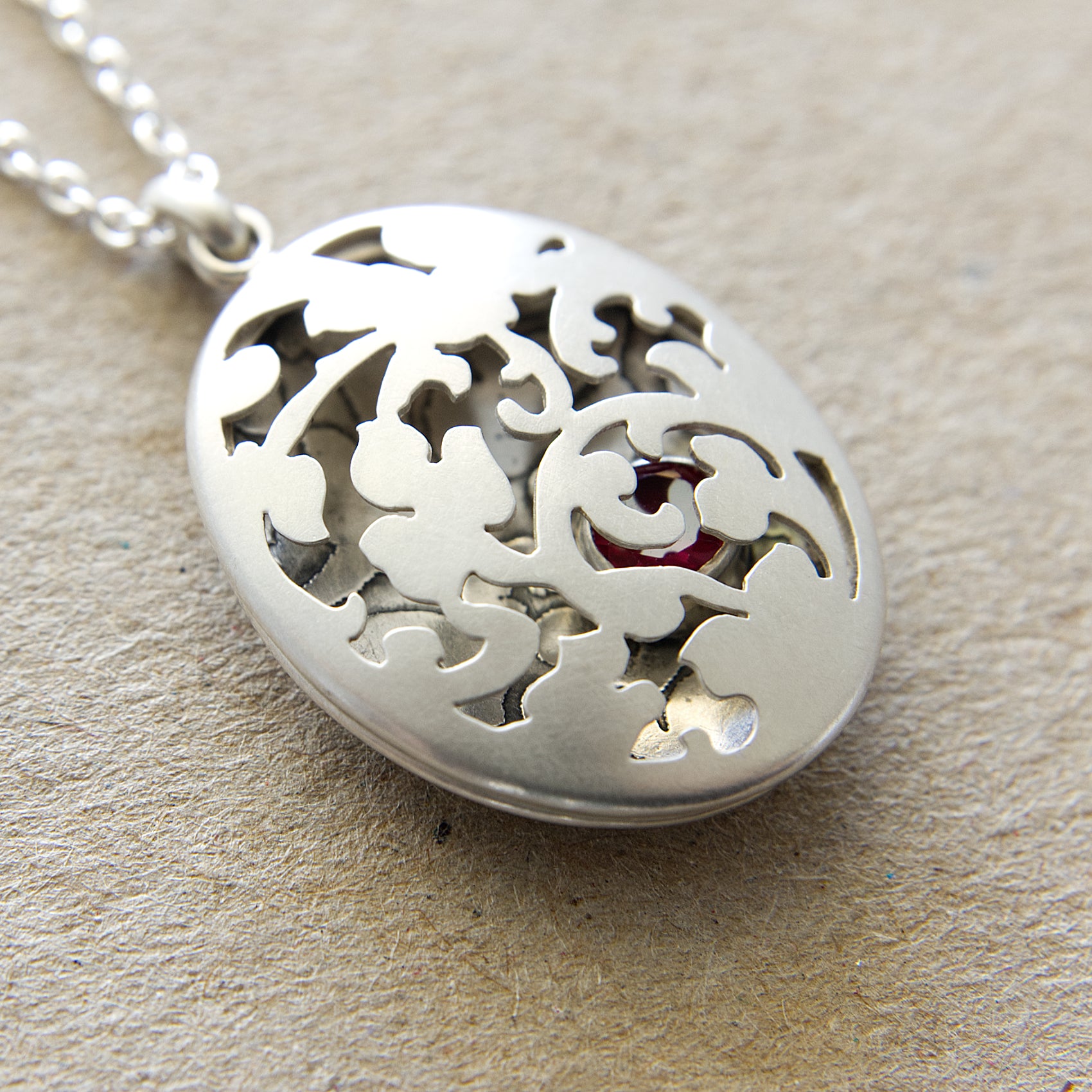 Victorian Silver Open Locket Necklace with Ruby Gem