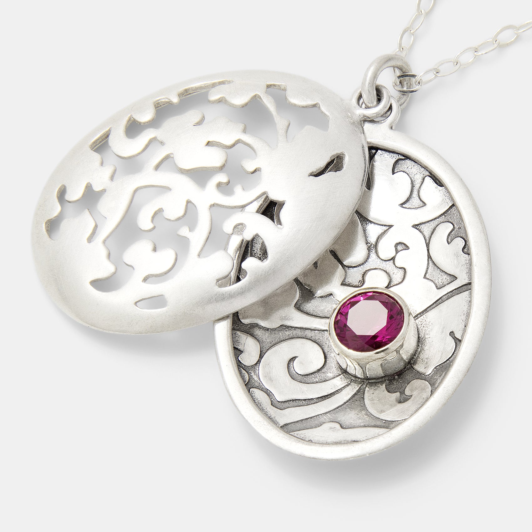 Victorian Silver Open Locket Necklace with Ruby Gem