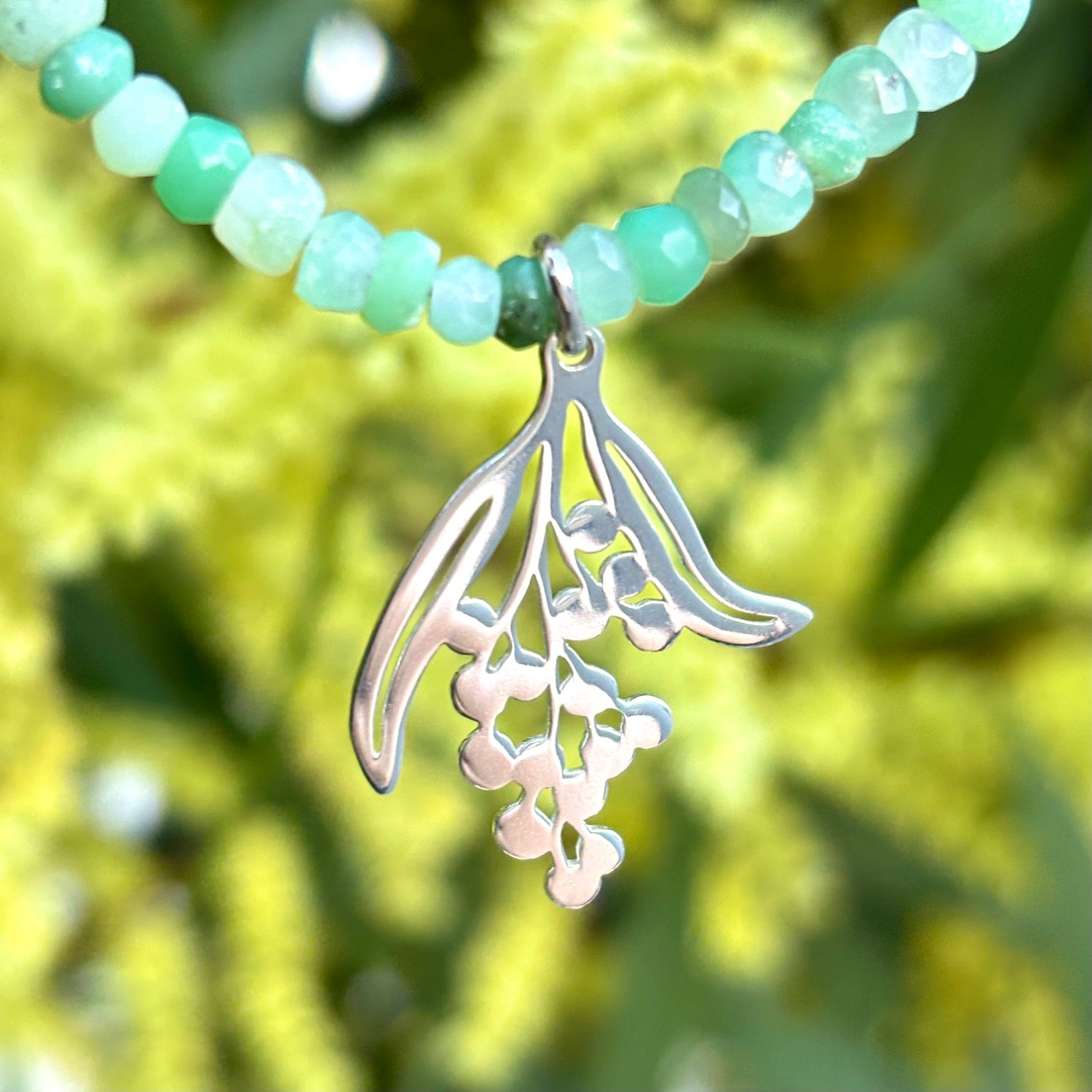 Wattle Branch Silver Pendant on Chrysoprase Beaded Necklace - Simone Walsh Jewellery Australia