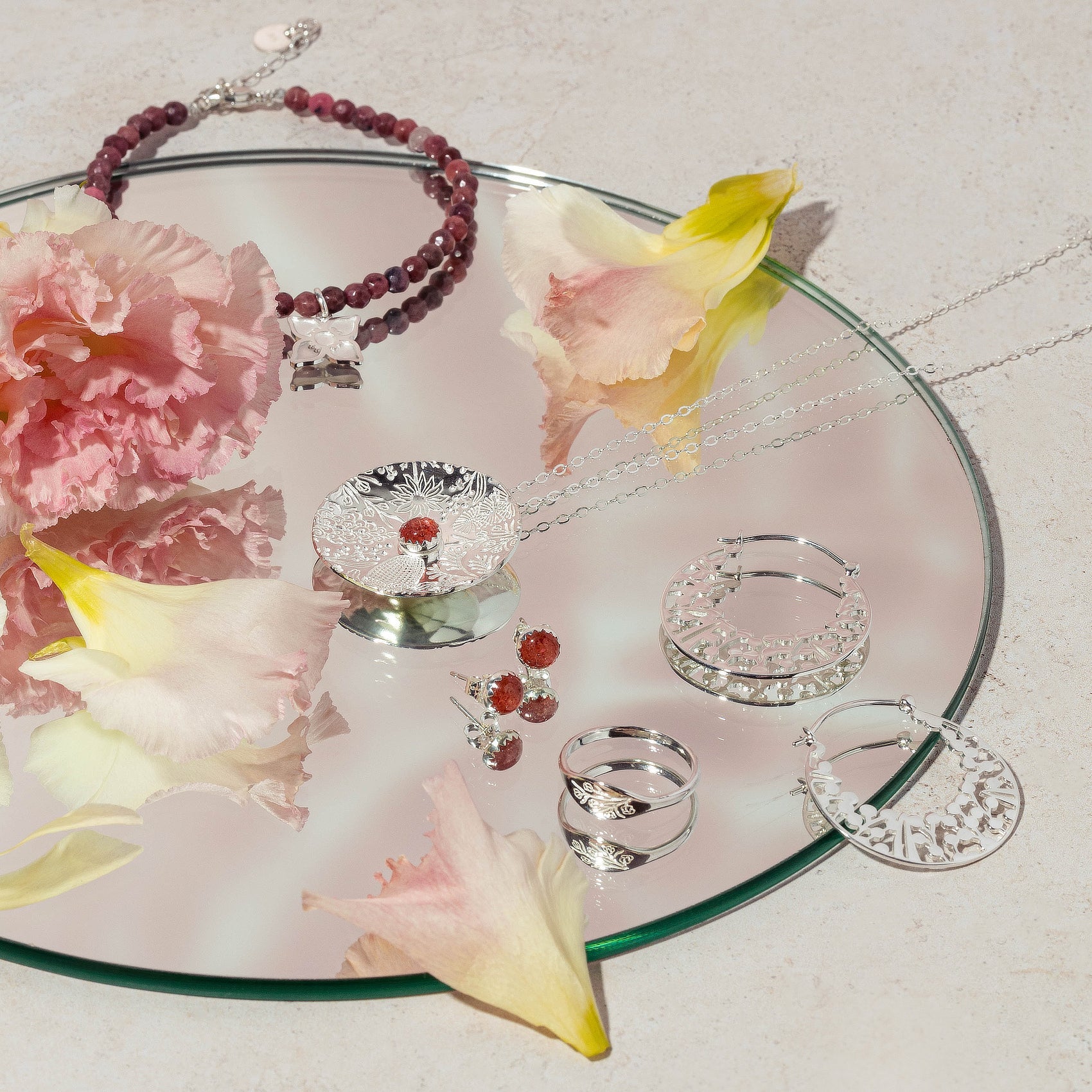 Australian Flora Pattern & Sunstone Necklace - Simone Walsh Jewellery Australia