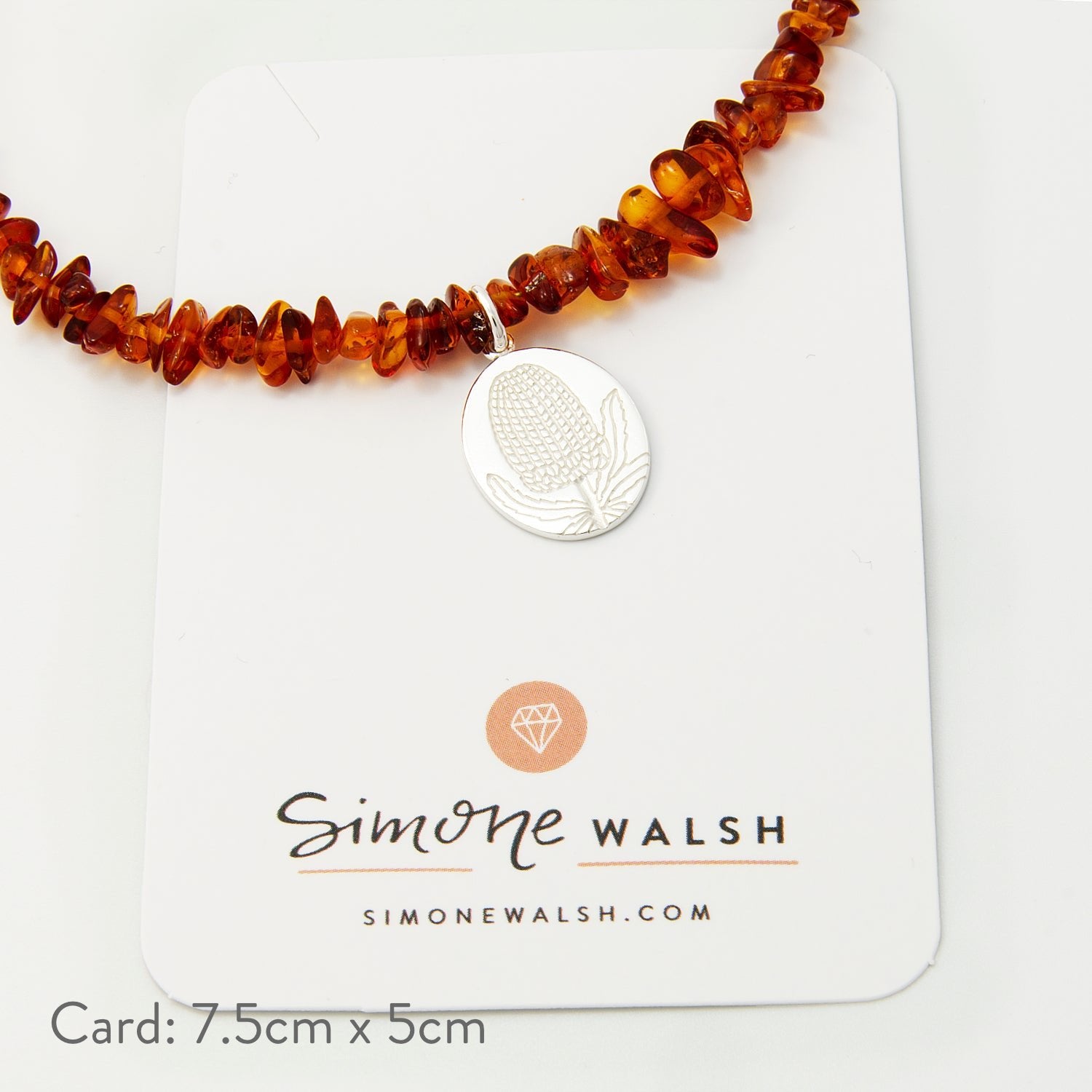 Banksia Oval on Amber Beaded Necklace - Simone Walsh Jewellery Australia