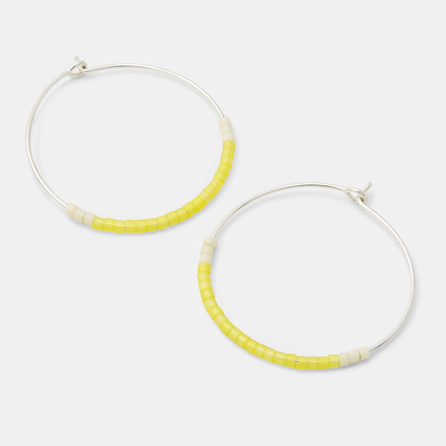 Beaded silver hoop earrings: lemon yellow - Simone Walsh Jewellery Australia
