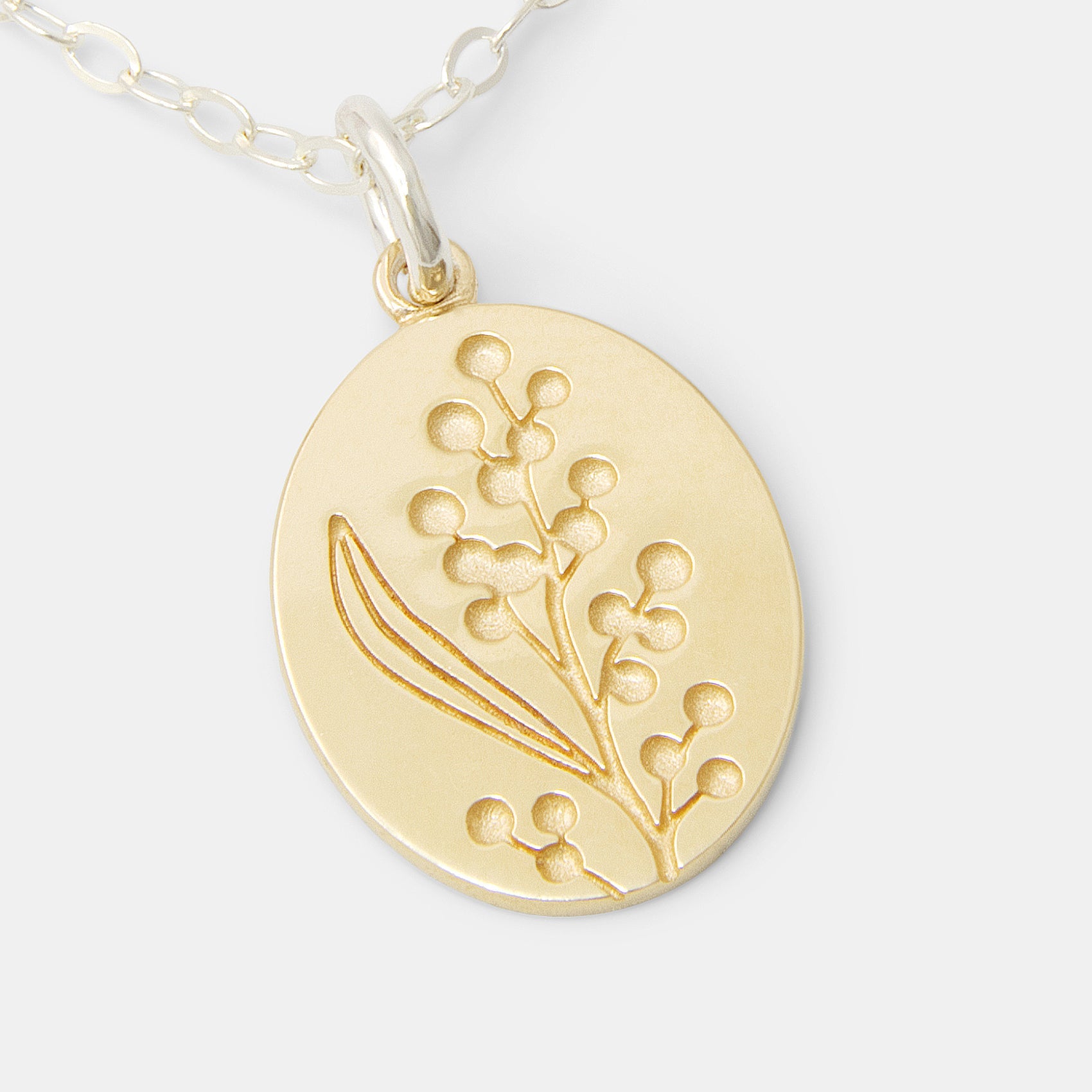 Wattle Solid Gold Pendant on Silver Necklace - Simone Walsh Jewellery Australia